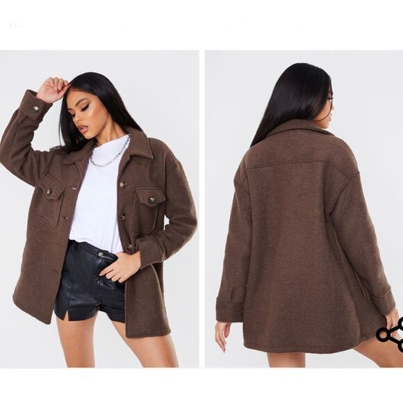 NWT PrettyLittleThing Brown Brushed Longline Button Up Shirt Shacket 12 - Picture 1 of 9
